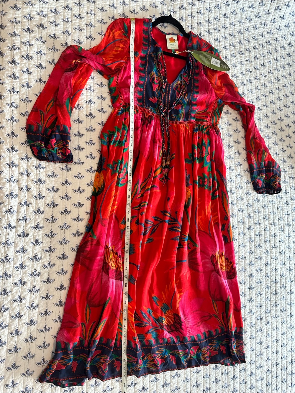 FARM Rio Red Floral Long-Sleeve Midi Dress - New With Tags - Picture 3 of 7